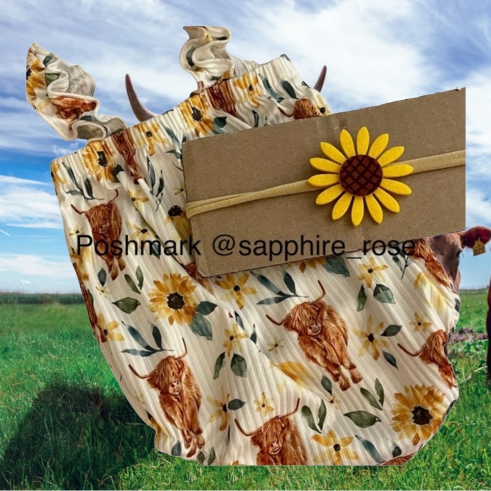 Highland Cow Sunflower Baby Girl Bubble Romper NB Country Girl Clothes Headband